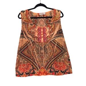 Cato Women XL Orange Paisley Medallion Sleeveless Blouse Sequin Accent